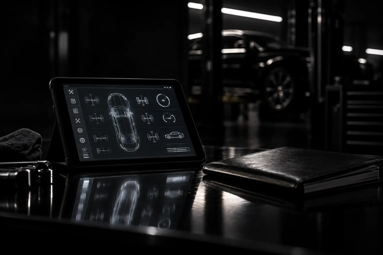 Tablet mit digitaler Wartungsübersicht neben einem Serviceheft